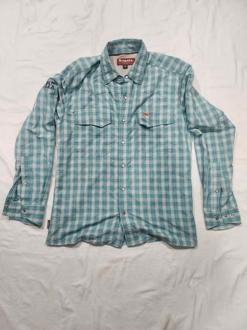 Simms Fishing Plaid Long Sleeve Pearl Snap Shirt Size Small